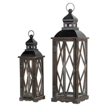 Load image into Gallery viewer, Black Farmhouse Wooden Lanterns With Diamond Window Frame, Set of 2