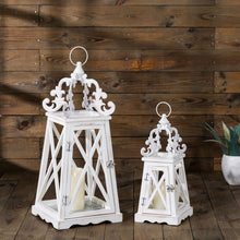 Load image into Gallery viewer, Wash White European Farmhouse Wooden Lanterns With 3D Metal Lace Top, Set of 2