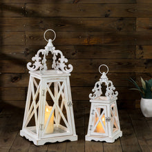 Load image into Gallery viewer, Wash White European Farmhouse Wooden Lanterns With 3D Metal Lace Top, Set of 2
