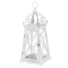 Load image into Gallery viewer, Wash White European Farmhouse Wooden Lanterns With 3D Metal Lace Top, Set of 2