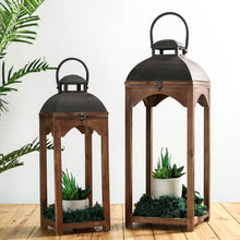 Load image into Gallery viewer, Whiskey Brown Farmhouse Modern Wood/Metal Lanterns, Set of 2