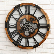 Load image into Gallery viewer, 26.77"D Industrial Wooden/Metal Round Gear Wall Clock with Tempered Glass