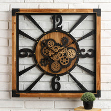 Load image into Gallery viewer, 27.17"H Industrial Wooden/Metal Square Gear Wall Clock with Tempered Glass