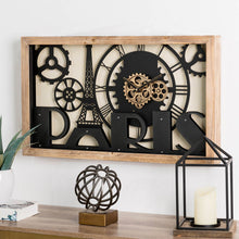 Load image into Gallery viewer, 30.00"L Industrial Metal/Wood Eiffel Tower Silhouette Gear Wall Clock (without glass)