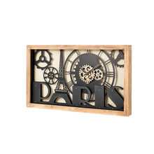Load image into Gallery viewer, 30.00"L Industrial Metal/Wood Eiffel Tower Silhouette Gear Wall Clock (without glass)