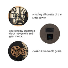Load image into Gallery viewer, 30.00"L Industrial Metal/Wood Eiffel Tower Silhouette Gear Wall Clock (without glass)