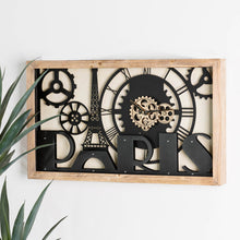 Load image into Gallery viewer, 30.00"L Industrial Metal/Wood Eiffel Tower Silhouette Gear Wall Clock (without glass)