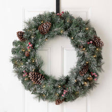 Load image into Gallery viewer, 24"D Pre-Lit Glittered Pine Cone Christmas Wreath with Warm White LED Light