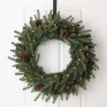 Load image into Gallery viewer, 24"D Pre-Lit Greenery Pine Cone Christmas Wreath with Warm White LED Light