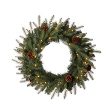 Load image into Gallery viewer, 24"D Pre-Lit Greenery Pine Cone Christmas Wreath with Warm White LED Light