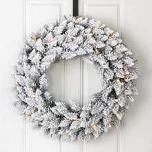 Load image into Gallery viewer, 24"D Pre-Lit Snow Flocked Christmas Wreath With Warm White LED Light