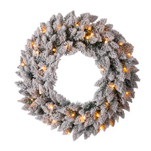 Load image into Gallery viewer, 24"D Pre-Lit Snow Flocked Christmas Wreath With Warm White LED Light