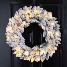 Load image into Gallery viewer, 24"D Pre-Lit Snow Flocked Christmas Wreath With Warm White LED Light
