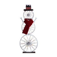 Load image into Gallery viewer, 34"H Lighted Metal Bike Wheel Snowman Porch Décor with Red Knitted Scarf