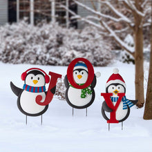 Load image into Gallery viewer, 42"H Set of 3 Metal "JOY" Penguin Yard Stake or Wall Décor (2 Functions)