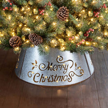 Load image into Gallery viewer, 26"D Galvanized "Merry Christmas" Cutout Metal Tree Collar with Light String
