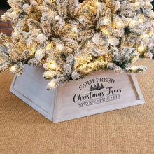 Load image into Gallery viewer, 26"L Washed White Wooden Trapezoid Farm Fresh Christmas Tree Collar