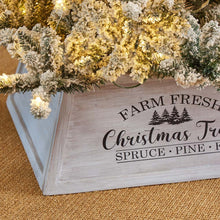 Load image into Gallery viewer, 26"L Washed White Wooden Trapezoid Farm Fresh Christmas Tree Collar