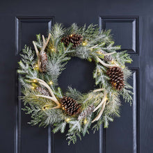 Load image into Gallery viewer, 24"D Flocked Pinecone & Antler Wreath With Lights