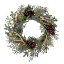 Load image into Gallery viewer, 24"D Flocked Pinecone & Antler Wreath With Lights