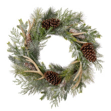 Load image into Gallery viewer, 24"D Flocked Pinecone & Antler Wreath With Lights