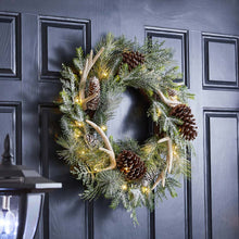 Load image into Gallery viewer, 24"D Flocked Pinecone & Antler Wreath With Lights