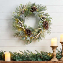 Load image into Gallery viewer, 24"D Flocked Pinecone & Antler Wreath With Lights