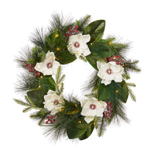 Load image into Gallery viewer, 24"D Iced Magnolia Berry Pine Wreath With Lights