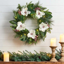 Load image into Gallery viewer, 24"D Iced Magnolia Berry Pine Wreath With Lights