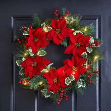 Load image into Gallery viewer, 24"D Poinsettia Pinecone Wreath With Lights