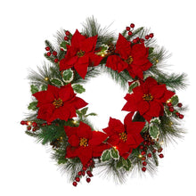 Load image into Gallery viewer, 24"D Poinsettia Pinecone Wreath With Lights