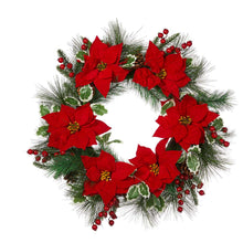 Load image into Gallery viewer, 24"D Poinsettia Pinecone Wreath With Lights
