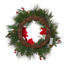 Load image into Gallery viewer, 24"D Poinsettia Pinecone Wreath With Lights