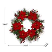 Load image into Gallery viewer, 24"D Poinsettia Pinecone Wreath With Lights