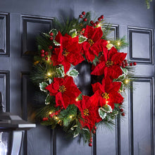Load image into Gallery viewer, 24"D Poinsettia Pinecone Wreath With Lights