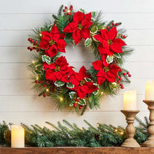 Load image into Gallery viewer, 24"D Poinsettia Pinecone Wreath With Lights
