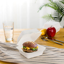 Load image into Gallery viewer, 6 inch White Compostable & Disposable Sugarcane Clamshell Containers, 300 Pack