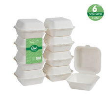 Load image into Gallery viewer, 6 inch White Compostable & Disposable Sugarcane Clamshell Containers, 300 Pack