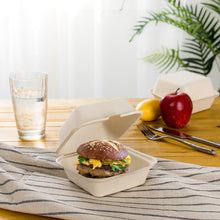 Load image into Gallery viewer, 6 inch Natural Compostable & Disposable Sugarcane Clamshell Containers, 300 Pack