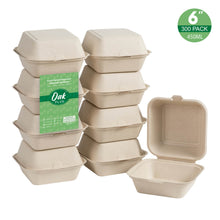 Load image into Gallery viewer, 6 inch Natural Compostable & Disposable Sugarcane Clamshell Containers, 300 Pack