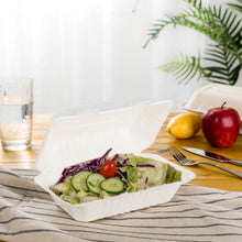 Load image into Gallery viewer, 9 inch White Compostable & Disposable Sugarcane Clamshell Containers, 300 Pack