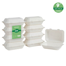 Load image into Gallery viewer, 9 inch White Compostable & Disposable Sugarcane Clamshell Containers, 300 Pack