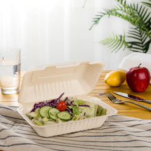 Load image into Gallery viewer, 9 inch Natural Compostable & Disposable Sugarcane Clamshell Containers, 300 Pack