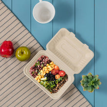 Load image into Gallery viewer, 9 inch Natural Compostable & Disposable Sugarcane Clamshell Containers, 300 Pack
