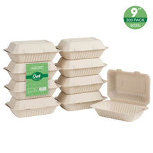 Load image into Gallery viewer, 9 inch Natural Compostable & Disposable Sugarcane Clamshell Containers, 300 Pack