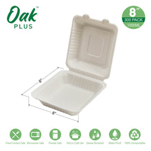 Load image into Gallery viewer, 8 inch White Compostable & Disposable Sugarcane Clamshell Containers, 300 Pack