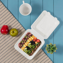 Load image into Gallery viewer, 8 inch White Compostable & Disposable Sugarcane Clamshell Containers, 300 Pack