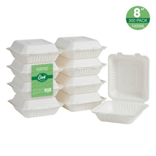 Load image into Gallery viewer, 8 inch White Compostable & Disposable Sugarcane Clamshell Containers, 300 Pack