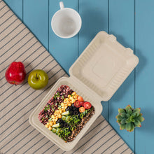 Load image into Gallery viewer, 8 inch Natural Compostable & Disposable Sugarcane Clamshell Containers, 300 Pack