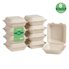 Load image into Gallery viewer, 8 inch Natural Compostable & Disposable Sugarcane Clamshell Containers, 300 Pack